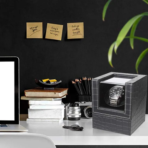 Miniatura 7 de Bobinadora automática de un solo reloj, en carcasa de madera y cuero negrocuero de fibra de carbono, motor japonés