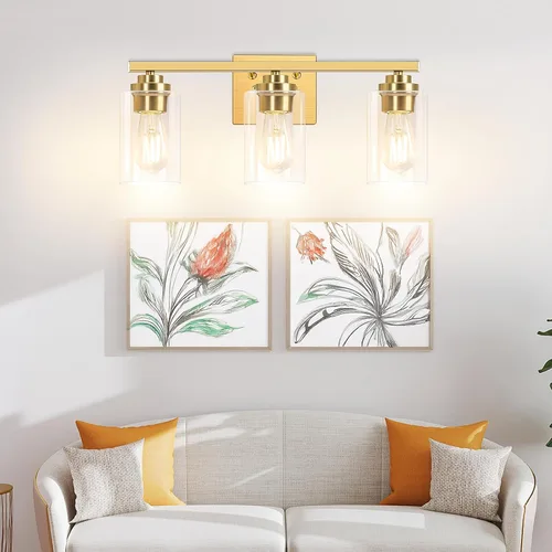 Miniatura 9 de Lámparas de baño de 3 luces, 19 pulgadas, modernas luces de tocador sobre espejo con pantallas de vidrio transparente, accesorio de luz dorada