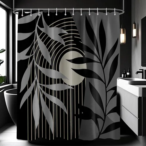 Miniatura 50 de Cortina de ducha bohemia en negro y gris, cortinas de ducha modernas de mediados de siglo negro y gris para baño, juego de tela impermeable