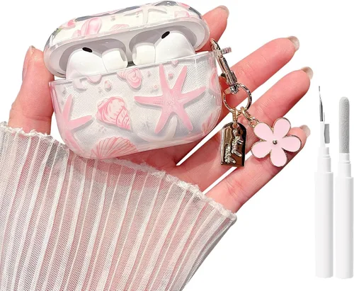 Miniatura 16 de MINSCOSE Compatible con AirPods Pro de 2ª/1ª generación, bonito diseño de patrón de conchas y estrellas de mar con llavero, funda protectora de TPU