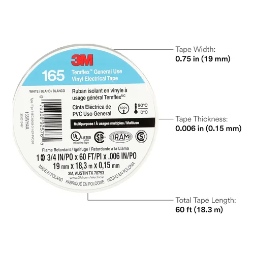 Miniatura 2 de 3M Temflex Cinta Eléctrica de Vinilo Multiusos 165, Blanca, 3/4 pulg x 60 pies (19 mm x 18 m), Paquete de 10 Rollos Blanco