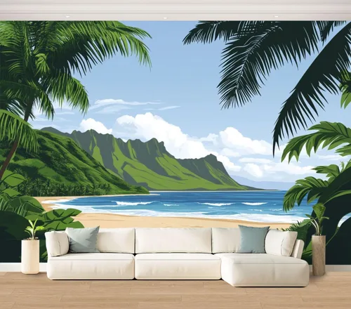 Miniatura 11 de Hawaii - Mural de pared retro exótico exótico tropical con olas de playa, paisaje, vintage, despegar y pegar, autoadhesivo, extraíble, adhesivo
