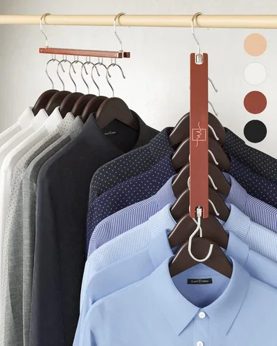 Miniatura 8 de MORALVE Perchas que ahorran espacio para armario, paquete de 4 organizadores de camisas de madera de haya europea de 6 niveles con gancho giratorio