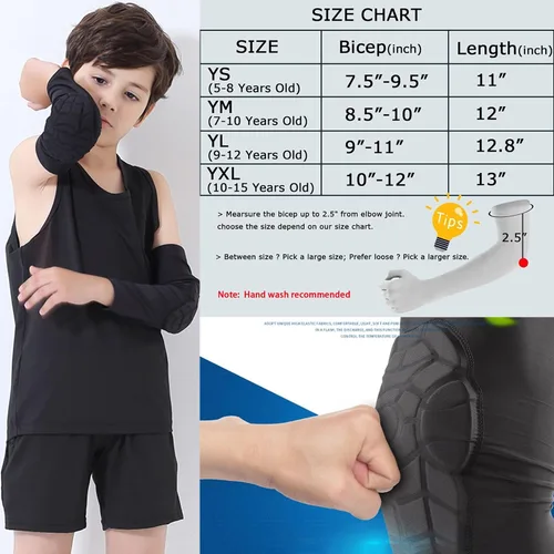 Miniatura 2 de Niños Juveniles de 5-15 Años Manga de Brazo y Rodilla Acolchada Manga de Pierna de Compresión Protectora Codo acolchado negro