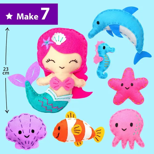 Miniatura 3 de KRAFUN Kit de costura de animales marinos de sirena para principiantes, kit de arte y manualidades, incluye 5 muñecas de felpa suave, instrucciones