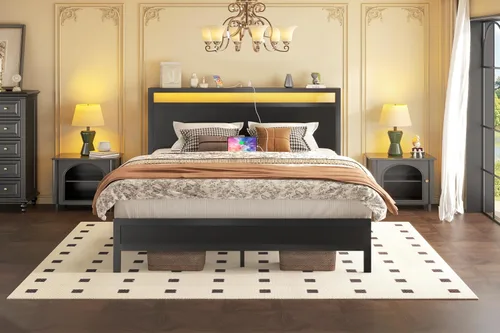 Miniatura 5 de Fluest Queen Bed Frame with Headboard & Footboard, Bed Frame with Built-in Charging Station & LED Light, Storage Shelf, Noise-Free, No Box Spring