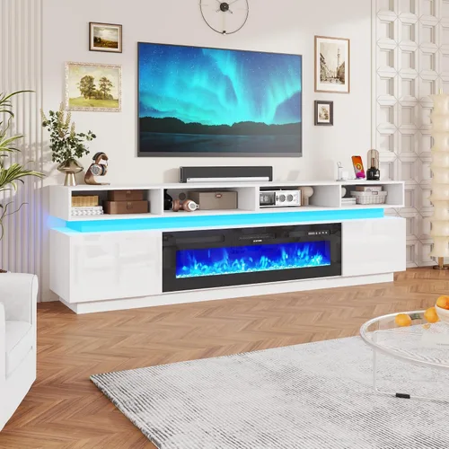 Miniatura 16 de chartustriable Soporte de TV LED para TV de 80 pulgadas, centro de entretenimiento alto moderno con tomas de corriente, soporte de TV de alto