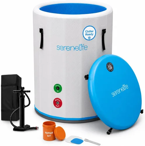 SereneLife Bañera de hielo inflable para una persona, 85 galones con tapa, PVC de punto de caída, sellos de doble capa, inmersión fría resistente