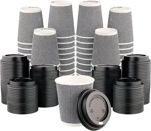 Miniatura 10 de Harvest Pack - Paquete de 100 tazas de café aisladas de 8 onzas con tapas, tazas calientes de papel ondulado de doble pared, diseño geométrico Negro