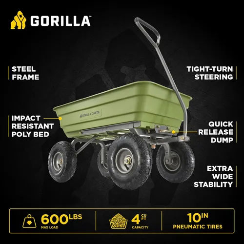Miniatura 2 de Gorilla Carts Poly Garden Carro Volquete, Contenedor de 4 Pies Cúbicos, Capacidad de Transporte de 600 Libras, Verde – Vagón Utilitario de Servicio