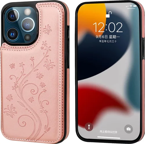 Miniatura 3 de Vaburs Funda compatible con iPhone 13 Pro con tarjetero y diseño de mariposa en relieve, de piel sintética, doble botón, a prueba de golpes