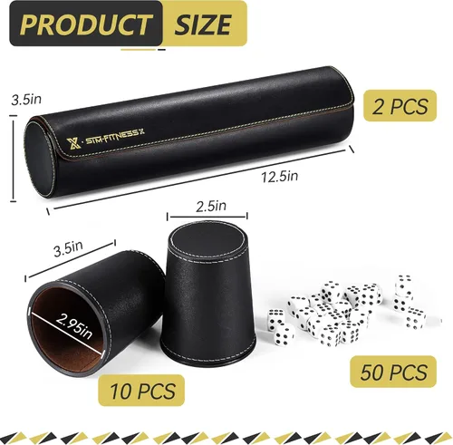 Miniatura 2 de Juego de tazas de cuero para dados, 5 tazas de dados negros + 25 dados + funda exclusiva de almacenamiento y transporte hecha de piel sintética