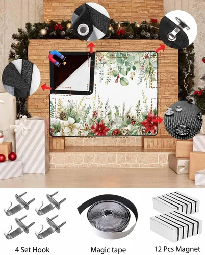 Miniatura 69 de Cubierta magnética azul para chimenea, detiene la pérdida de calor, pantalla de chimenea para interiores, bolas de gnomos de Navidad, árbol de copo