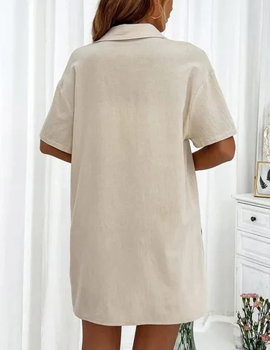Miniatura 4 de JovenPara Conjunto corto casual de lino y algodón para mujer, conjunto de 2 piezas, camisa de media manga y cintura alta con cordón1