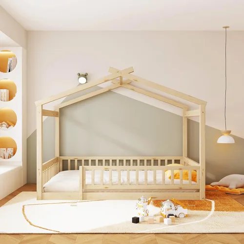 Miniatura 17 de Cama de suelo de casa de tamaño matrimonial con valla y techo para niños pequeños, marco de cama Montessori bajo de madera con listones de madera