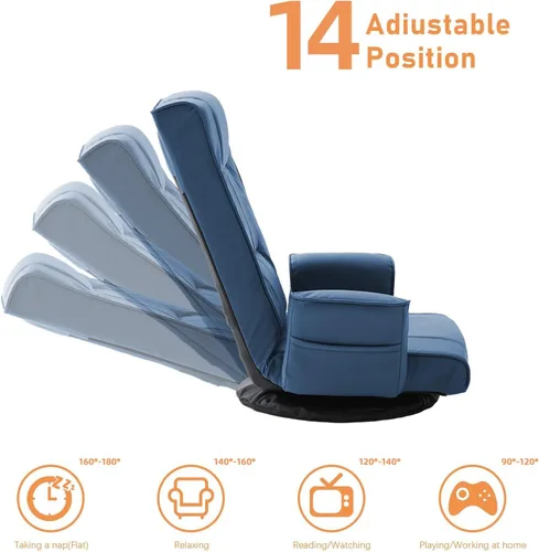 Miniatura 4 de Silla de suelo giratoria de 360° con reposabrazos, tumbona ajustable de 14 posiciones para adultos, asiento acolchado plegable con respaldo para Azul