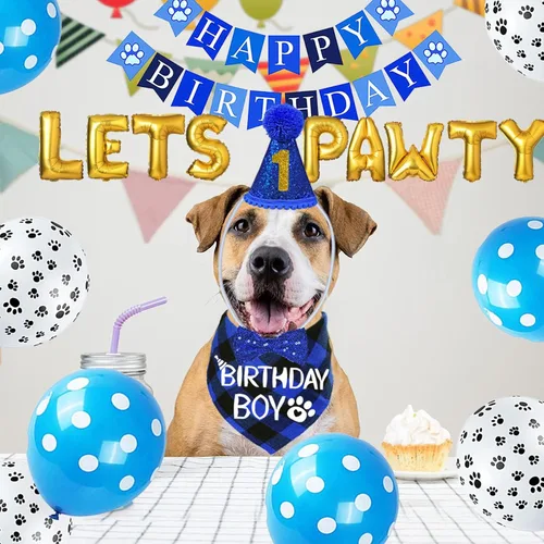 Miniatura 7 de STMK Decoraciones de cumpleaños para perros, sombrero de cumpleaños de perro de varios tamaños con números, bandana, corbatín, bandera, bandera
