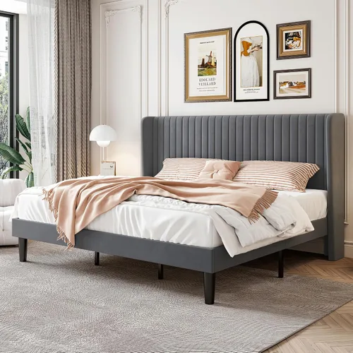 Miniatura 17 de SHA CERLIN Marco de cama de terciopelo tamaño completo con cabecera de respaldo alto con capitoné de canales verticales, cama plataforma tapizada