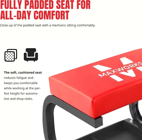 Miniatura 3 de MaxWorks Asiento Rodante para Mecánicos, Capacidad de 250 Libras, Taburete Deslizante Acolchado de Taller Rodante con Bandeja de Almacenamiento