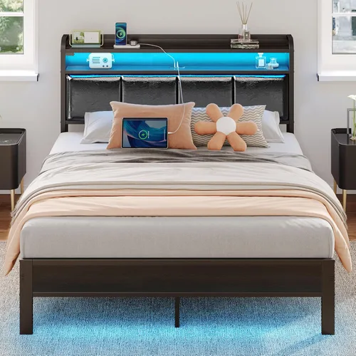 Miniatura 20 de Rolanstar Armazón de cama tamaño completo con estación de carga y luces LED, cabecera tapizada con estantes de almacenamiento, listones de metal
