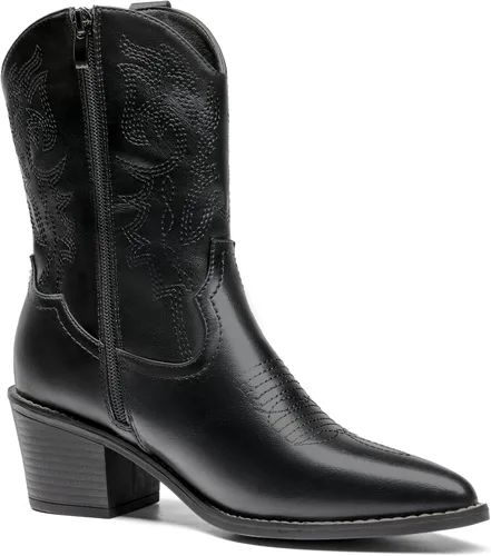Miniatura 3 de DREAM PAIRS Botas vaqueras para mujer, puntera puntiaguda, tacón grueso, botas vaqueras con cierre de cremallera, botas occidentales cosidas