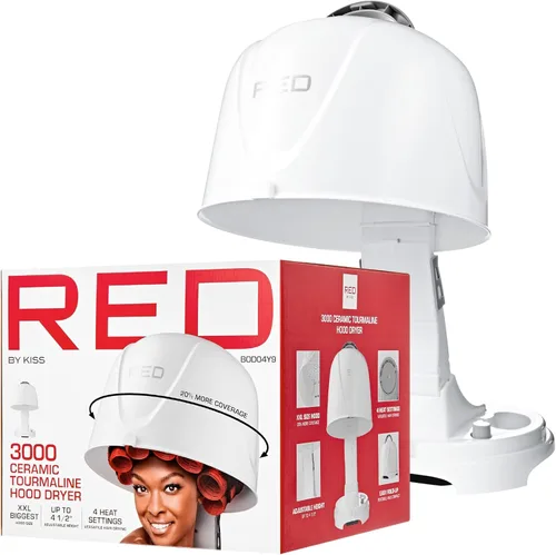 Red by Kiss Secador de Campana Profesional de Cerámica y Turmalina 3000, Secador de Pelo con 4 Configuraciones de Calor para Hogar y Salón, Altura
