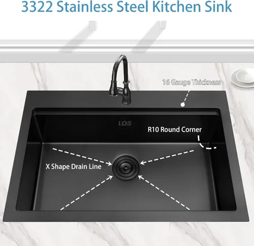 Miniatura 3 de LQS Fregadero de cocina negro con caída de 33 x 22 pulgadas, fregadero de acero inoxidable calibre 16, fregadero profundo y grande con estación