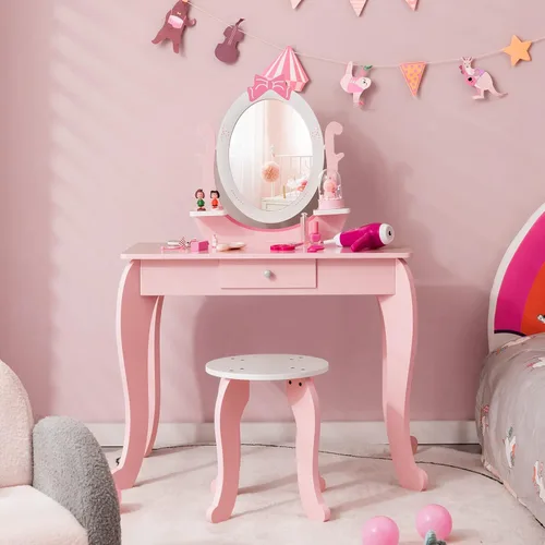 Miniatura 8 de HONEY JOY Juego de tocador para niños, Espejo ovalado de rotación 360 grados, juego de tocador de maquillaje de princesa para niñas pequeñas, juego