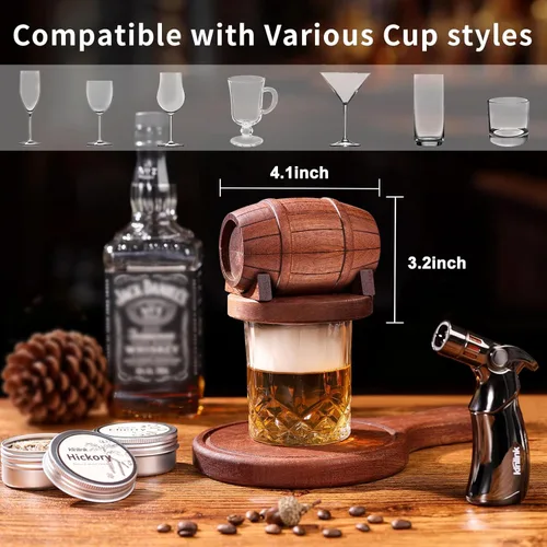 Miniatura 4 de Kit de ahumador de whisky con antorcha, sin butano, chips de madera de 6 sabores, 2 vasos de whisky, 2 moldes redondos para cubitos de hielo, kit
