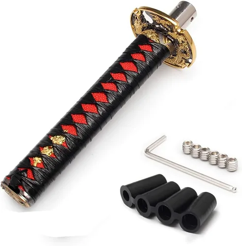 Miniatura 7 de Palanca de cambios estilo katana samurái, disco de corte universal, ajuste para autos manuales con adaptadores, negro + negro (20 cm)