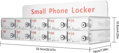 Miniatura 3 de Taquillas de teléfono celular, caja de bloqueo de acrílico para teléfono celular con cerraduras de puerta y llaves, 10 ranuras montadas en la pared