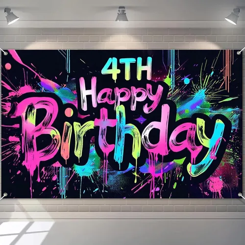 Miniatura 15 de HOMETITUTE Pancarta de Neón de Feliz 10mo Cumpleaños 71 x 43 pulgadas, Salpicadura de Pintura que Brilla en la Oscuridad, Telón de Fondo