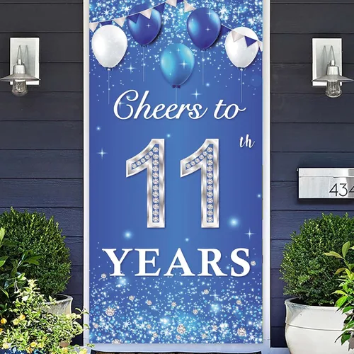 Cartel de Cheers to 11th Years Happy 11th Birthday telón de fondo globos de cristal brillantes estrellas confeti decoración temática decoración para