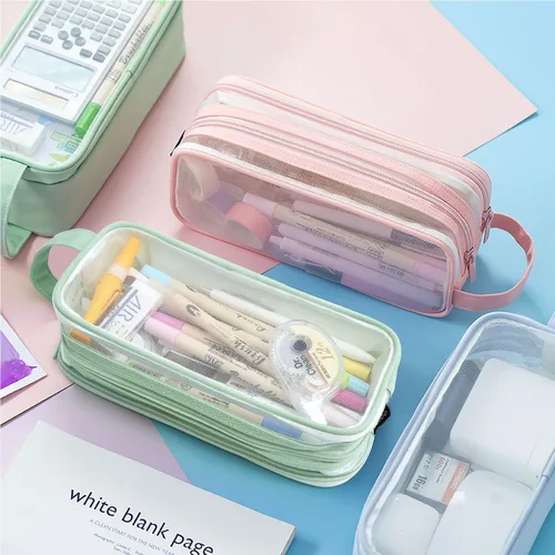Miniatura 3 de Estuche grande de malla de malla con 2 compartimentos, bolsa transparente para lápices con cremallera, bolsa de papelería transparente multifunción