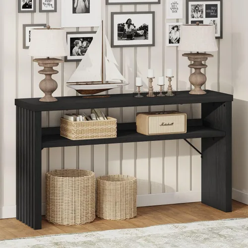 Miniatura 9 de BON AUGURE Mesa consola con almacenamiento, mesa de entrada negra, mesas de sofá de madera detrás del sofá para sala de estar, mesas de entrada