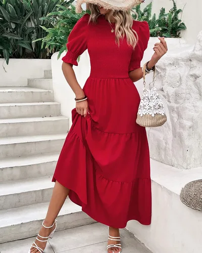 Miniatura 59 de BTFBM Vestidos para mujer, cuello redondo, casual, de verano, con volantes, manga corta, bohemio, con niveles, fruncido, largo, con estampado floral