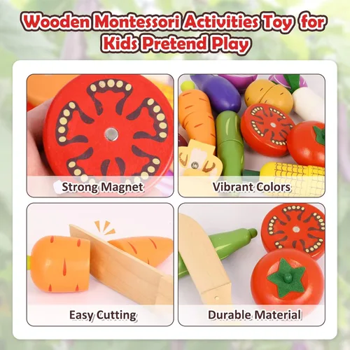 Miniatura 5 de Juguetes vegetales de madera para niños, juego de comida de juego de simulación para niños, juguete de cocina de corte magnético con canasta