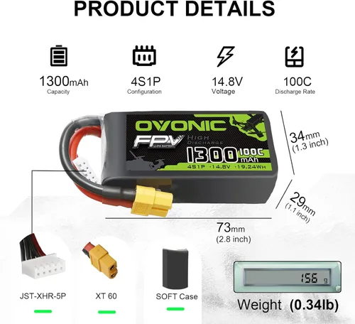 Miniatura 2 de OVONIC 4s Lipo Battery 100C 1300mAh 14.8V Lipo Batería con conector XT60 para RC FPV Racing Drone Quadcopter (2 paquetes)