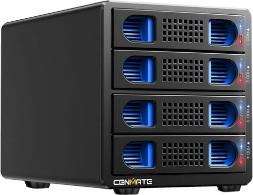 CENMATE Caja de disco duro de 4 bahías con ventilador de enfriamiento para HDD/SSD SATA de 2.5/3.5" con cable USB A/C 3.0, Caja de disco duro sin