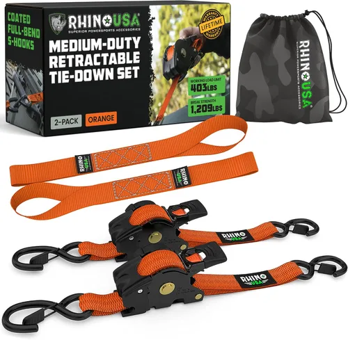 Miniatura 20 de Rhino USA Correas de trinquete retráctiles (paquete de 2) – 1 pulgada x 10 pies (1,209 libras de resistencia a la rotura) – Correas de amarre auto