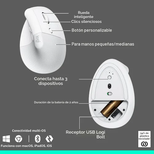 Miniatura 7 de Logitech Wave Keys & Lift Vertical Mouse - Combo de teclado y mouse inalámbrico ergonómico - con reposo de palma acolchado, Easy-Switch, Bluetooth