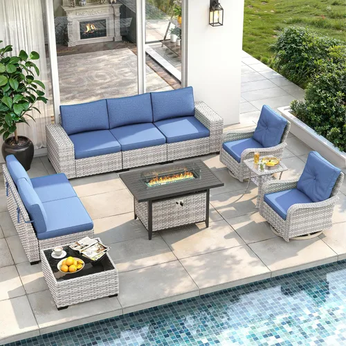 Miniatura 50 de Juego de muebles de mimbre para patio al aire libre de 3 piezas, sillas de patio giratorias mecedoras con respaldo alto con cojines gruesos de 4
