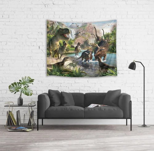 Miniatura 3 de HVEST Tapiz de dinosaurio salvaje y antiguo depredador para colgar en la pared, bosque tropical con árboles verdes y montañas, tapices de pared
