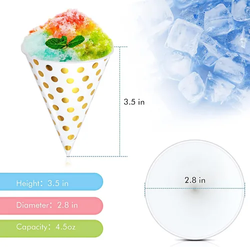 Miniatura 3 de Boao Juego de 100 tazas de cono de nieve de 4.5 onzas y pajitas de papel desechables, jarabe, lunares dorados, a prueba de fugas, suministros