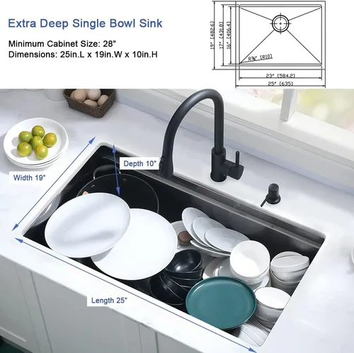 Miniatura 5 de Fregadero de cocina negro de 25 pulgadas para montaje inferior, fregadero de cocina de acero inoxidable negro de 25 x 19 pulgadas, fregadero