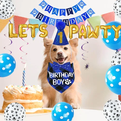 Miniatura 2 de STMK Decoraciones de cumpleaños para perros, sombrero de cumpleaños de perro de varios tamaños con números, bandana, corbatín, bandera, bandera