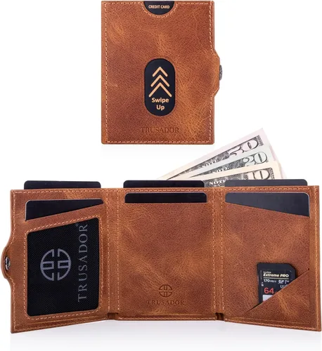 Miniatura 3 de TRUSADOR Valencia Cartera de piel unisex pequeña compacta bolsillo frontal RFID con bolsillo monedero, Coñac, Con bolsillo para monedas