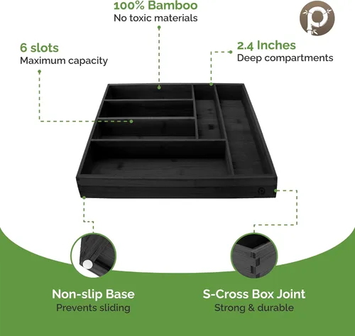 Miniatura 5 de Pristine Bamboo bandeja organizadora de cubiertos – Utensilios de mesa, cubiertos, soporte de cubiertos para cajón – Organizador de cajón de madera