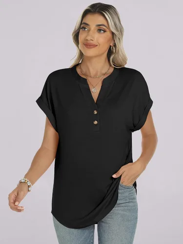 Miniatura 6 de ANRABESS - Camisetas Henley de manga corta para mujer, cuello en V, elegantes, estilo informal, de corte suelto; blusas fluidas de verano, ropa