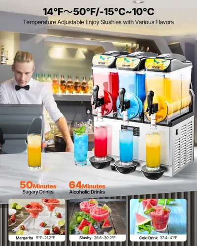 Miniatura 3 de VEVOR - Máquina comercial de bebidas heladas, tanque triple de 3x15L, máquina de margaritas, 180 tazas, máquina de batidos y bebidas heladas